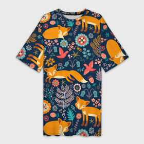 Платье-футболка 3D с принтом Лисички паттерн в Екатеринбурге,  |  | fox | животные | лиса | лисичка | лисы | осень | рыжая | фыр фыр | цветы