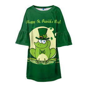 Детское платье 3D с принтом Ирландия в Екатеринбурге, 100% полиэстер | прямой силуэт, чуть расширенный к низу. Круглая горловина, на рукавах — воланы | clover | frog | green | happy st. patricks day | ireland | irish | moon | день святого патрика | зелёная | ирландец | ирландия | клевер | луна | лягушка | счастливый | шляпа