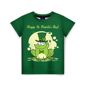 Детская футболка 3D с принтом Ирландия в Екатеринбурге, 100% гипоаллергенный полиэфир | прямой крой, круглый вырез горловины, длина до линии бедер, чуть спущенное плечо, ткань немного тянется | Тематика изображения на принте: clover | frog | green | happy st. patricks day | ireland | irish | moon | день святого патрика | зелёная | ирландец | ирландия | клевер | луна | лягушка | счастливый | шляпа