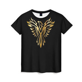 Женская футболка 3D с принтом Gold Phoenix в Екатеринбурге, 100% полиэфир ( синтетическое хлопкоподобное полотно) | прямой крой, круглый вырез горловины, длина до линии бедер | злато | золото | клюв | крылья | металл | орёл | птица | феникс