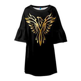 Детское платье 3D с принтом Gold Phoenix в Екатеринбурге, 100% полиэстер | прямой силуэт, чуть расширенный к низу. Круглая горловина, на рукавах — воланы | Тематика изображения на принте: злато | золото | клюв | крылья | металл | орёл | птица | феникс