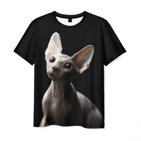 Мужская футболка 3D с принтом Сфинкс в Екатеринбурге, 100% полиэфир | прямой крой, круглый вырез горловины, длина до линии бедер | black | cat | взгляд | кот | котик | котэ | кошка | сфинкс | уши | черный