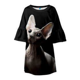 Детское платье 3D с принтом Сфинкс в Екатеринбурге, 100% полиэстер | прямой силуэт, чуть расширенный к низу. Круглая горловина, на рукавах — воланы | Тематика изображения на принте: black | cat | взгляд | кот | котик | котэ | кошка | сфинкс | уши | черный