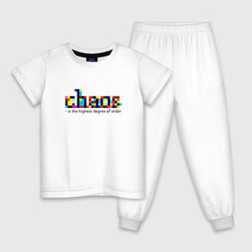Детская пижама хлопок с принтом Хаос - высшая степень порядка в Екатеринбурге, 100% хлопок |  брюки и футболка прямого кроя, без карманов, на брюках мягкая резинка на поясе и по низу штанин
 | chaos | order | pixel | science | пиксели | порядок | сериал | хаос | цитата