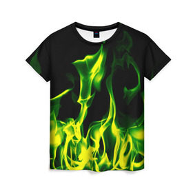 Женская футболка 3D с принтом Зелёный огонь в Екатеринбурге, 100% полиэфир ( синтетическое хлопкоподобное полотно) | прямой крой, круглый вырез горловины, длина до линии бедер | пламя | черный | яркий
