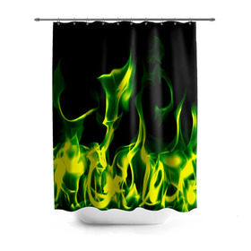 Штора 3D для ванной с принтом Зелёный огонь в Екатеринбурге, 100% полиэстер | плотность материала — 100 г/м2. Стандартный размер — 146 см х 180 см. По верхнему краю — пластиковые люверсы для креплений. В комплекте 10 пластиковых колец | пламя | черный | яркий