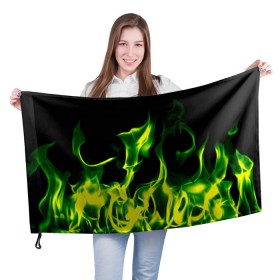 Флаг 3D с принтом Зелёный огонь в Екатеринбурге, 100% полиэстер | плотность ткани — 95 г/м2, размер — 67 х 109 см. Принт наносится с одной стороны | пламя | черный | яркий