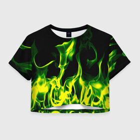 Женская футболка 3D укороченная с принтом Зелёный огонь в Екатеринбурге, 100% полиэстер | круглая горловина, длина футболки до линии талии, рукава с отворотами | пламя | черный | яркий