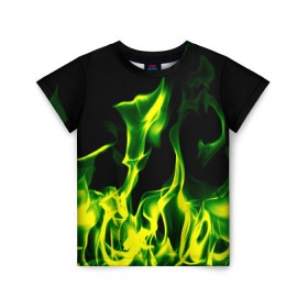 Детская футболка 3D с принтом Зелёный огонь в Екатеринбурге, 100% гипоаллергенный полиэфир | прямой крой, круглый вырез горловины, длина до линии бедер, чуть спущенное плечо, ткань немного тянется | Тематика изображения на принте: пламя | черный | яркий