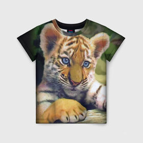 Детская футболка 3D с принтом Тигренок в Екатеринбурге, 100% гипоаллергенный полиэфир | прямой крой, круглый вырез горловины, длина до линии бедер, чуть спущенное плечо, ткань немного тянется | Тематика изображения на принте: животные | котенок | кошка. кот | тигр | тигренок