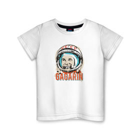 Детская футболка хлопок с принтом Юрий Гагарин. Первый в космосе в Екатеринбурге, 100% хлопок | круглый вырез горловины, полуприлегающий силуэт, длина до линии бедер | восток | звезды | космов | первый | ракета | ссср | юрий гагарин