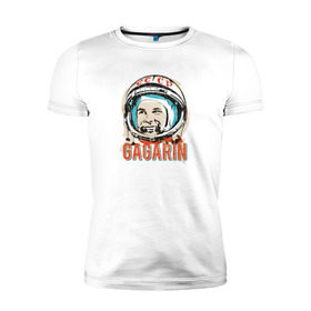 Мужская футболка премиум с принтом Юрий Гагарин. Первый в космосе в Екатеринбурге, 92% хлопок, 8% лайкра | приталенный силуэт, круглый вырез ворота, длина до линии бедра, короткий рукав | восток | звезды | космов | первый | ракета | ссср | юрий гагарин