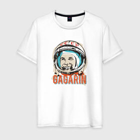Мужская футболка хлопок с принтом Юрий Гагарин. Первый в космосе в Екатеринбурге, 100% хлопок | прямой крой, круглый вырез горловины, длина до линии бедер, слегка спущенное плечо. | восток | звезды | космов | первый | ракета | ссср | юрий гагарин