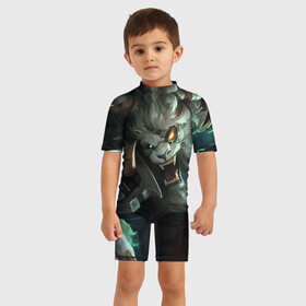 Детский купальный костюм 3D с принтом Ренгар в Екатеринбурге, Полиэстер 85%, Спандекс 15% | застежка на молнии на спине | Тематика изображения на принте: league of legends | lol | rengar | лига легенд | лол | ренгар | тигр