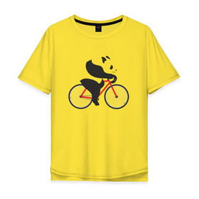Мужская футболка хлопок Oversize с принтом Панда на велосипеде в Екатеринбурге, 100% хлопок | свободный крой, круглый ворот, “спинка” длиннее передней части | Тематика изображения на принте: велик | велосипед | медведь | мишка | панда
