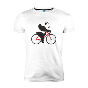Мужская футболка премиум с принтом Панда на велосипеде в Екатеринбурге, 92% хлопок, 8% лайкра | приталенный силуэт, круглый вырез ворота, длина до линии бедра, короткий рукав | велик | велосипед | медведь | мишка | панда