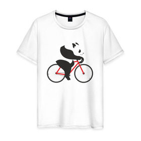 Мужская футболка хлопок с принтом Панда на велосипеде в Екатеринбурге, 100% хлопок | прямой крой, круглый вырез горловины, длина до линии бедер, слегка спущенное плечо. | Тематика изображения на принте: велик | велосипед | медведь | мишка | панда