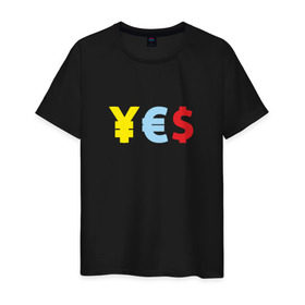 Мужская футболка хлопок с принтом YES! йена, доллар, евро в Екатеринбурге, 100% хлопок | прямой крой, круглый вырез горловины, длина до линии бедер, слегка спущенное плечо. | америка | бакс | валюта | доллар | евро | европа | сша | штаты | япония