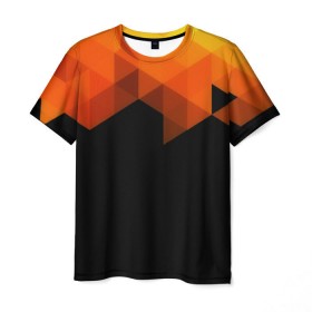 Мужская футболка 3D с принтом Trianse в Екатеринбурге, 100% полиэфир | прямой крой, круглый вырез горловины, длина до линии бедер | Тематика изображения на принте: оранжевый | полигон | треугольники | черный
