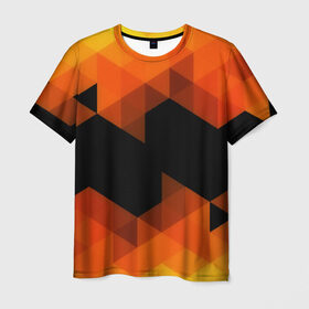 Мужская футболка 3D с принтом Trianse Orange в Екатеринбурге, 100% полиэфир | прямой крой, круглый вырез горловины, длина до линии бедер | оранжевый | полигоны | треугольники | черный