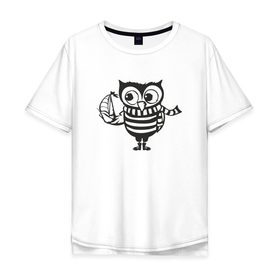 Мужская футболка хлопок Oversize с принтом Сова с корабликом в Екатеринбурге, 100% хлопок | свободный крой, круглый ворот, “спинка” длиннее передней части | bird | owl | няша | птица | сова | совунья | совушка | сыч