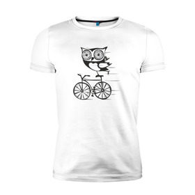 Мужская футболка премиум с принтом Сова на велосипеде в Екатеринбурге, 92% хлопок, 8% лайкра | приталенный силуэт, круглый вырез ворота, длина до линии бедра, короткий рукав | bird | owl | няша | птица | сова | совунья | совушка | сыч