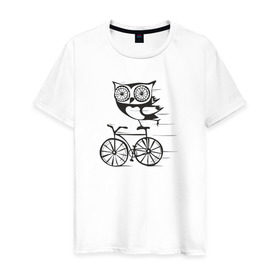 Мужская футболка хлопок с принтом Сова на велосипеде в Екатеринбурге, 100% хлопок | прямой крой, круглый вырез горловины, длина до линии бедер, слегка спущенное плечо. | bird | owl | няша | птица | сова | совунья | совушка | сыч