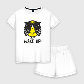 Женская пижама с шортиками хлопок с принтом Owl Wake up! в Екатеринбурге, 100% хлопок | футболка прямого кроя, шорты свободные с широкой мягкой резинкой | Тематика изображения на принте: bird | owl | няша | птица | сова | совунья | совушка | сыч