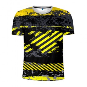 Мужская футболка 3D спортивная с принтом Grunge Line в Екатеринбурге, 100% полиэстер с улучшенными характеристиками | приталенный силуэт, круглая горловина, широкие плечи, сужается к линии бедра | Тематика изображения на принте: желтый | полосы | серый | черный