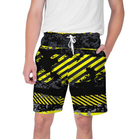 Мужские шорты 3D с принтом Grunge Line в Екатеринбурге,  полиэстер 100% | прямой крой, два кармана без застежек по бокам. Мягкая трикотажная резинка на поясе, внутри которой широкие завязки. Длина чуть выше колен | желтый | полосы | серый | черный