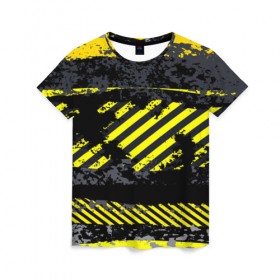 Женская футболка 3D с принтом Grunge Line в Екатеринбурге, 100% полиэфир ( синтетическое хлопкоподобное полотно) | прямой крой, круглый вырез горловины, длина до линии бедер | желтый | полосы | серый | черный