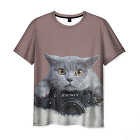 Мужская футболка 3D с принтом Котик фотограф в Екатеринбурге, 100% полиэфир | прямой крой, круглый вырез горловины, длина до линии бедер | кот | котик | кошка | объектив | фотоаппарат | фотограф