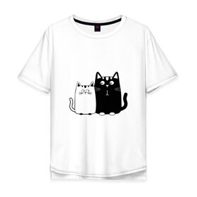 Мужская футболка хлопок Oversize с принтом Влюбленные коты в Екатеринбурге, 100% хлопок | свободный крой, круглый ворот, “спинка” длиннее передней части | Тематика изображения на принте: 14 февраля | влюбленным | девушке | кот | коты | котята. | кошка | любовь | мужчине | парню | подарок