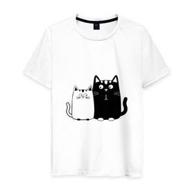 Мужская футболка хлопок с принтом Влюбленные коты в Екатеринбурге, 100% хлопок | прямой крой, круглый вырез горловины, длина до линии бедер, слегка спущенное плечо. | 14 февраля | влюбленным | девушке | кот | коты | котята. | кошка | любовь | мужчине | парню | подарок