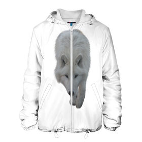 Мужская куртка 3D с принтом Белый волк в Екатеринбурге, ткань верха — 100% полиэстер, подклад — флис | прямой крой, подол и капюшон оформлены резинкой с фиксаторами, два кармана без застежек по бокам, один большой потайной карман на груди. Карман на груди застегивается на липучку | 