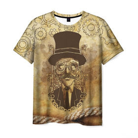 Мужская футболка 3D с принтом Стимпанк человек в Екатеринбурге, 100% полиэфир | прямой крой, круглый вырез горловины, длина до линии бедер | Тематика изображения на принте: steampunk | steampunk man | в цилиндре | в шляпе | канат | механизм | стимпанк | усы | человек