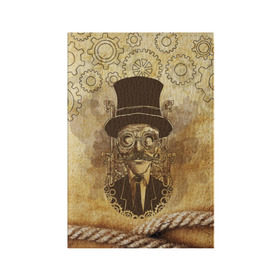 Обложка для паспорта матовая кожа с принтом Стимпанк человек в Екатеринбурге, натуральная матовая кожа | размер 19,3 х 13,7 см; прозрачные пластиковые крепления | steampunk | steampunk man | в цилиндре | в шляпе | канат | механизм | стимпанк | усы | человек