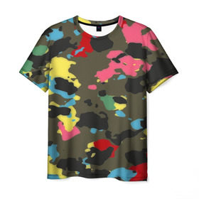 Мужская футболка 3D с принтом Цветной камуфляж в Екатеринбурге, 100% полиэфир | прямой крой, круглый вырез горловины, длина до линии бедер | маскировка | пестрый | разноцветный | яркий
