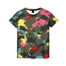 Женская футболка 3D с принтом Цветной камуфляж в Екатеринбурге, 100% полиэфир ( синтетическое хлопкоподобное полотно) | прямой крой, круглый вырез горловины, длина до линии бедер | маскировка | пестрый | разноцветный | яркий