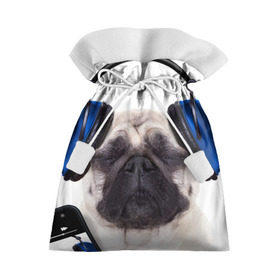 Подарочный 3D мешок с принтом Мопс в наушниках в Екатеринбурге, 100% полиэстер | Размер: 29*39 см | Тематика изображения на принте: дворняжка | домашние животные | любимец | мопс | пес | песик | питомец | собака | собачка