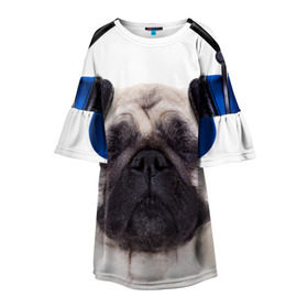 Детское платье 3D с принтом Мопс в наушниках в Екатеринбурге, 100% полиэстер | прямой силуэт, чуть расширенный к низу. Круглая горловина, на рукавах — воланы | дворняжка | домашние животные | любимец | мопс | пес | песик | питомец | собака | собачка