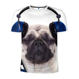 Мужская футболка 3D спортивная с принтом Мопс в наушниках в Екатеринбурге, 100% полиэстер с улучшенными характеристиками | приталенный силуэт, круглая горловина, широкие плечи, сужается к линии бедра | дворняжка | домашние животные | любимец | мопс | пес | песик | питомец | собака | собачка