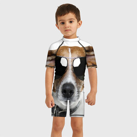 Детский купальный костюм 3D с принтом Джек Рассел в очках в Екатеринбурге, Полиэстер 85%, Спандекс 15% | застежка на молнии на спине | волкодав | дворняжка | джек | джек рассел | домашние животные | любимец | мопс | овчарка | пес | песик | питомец | рассел | сенбернар | собака | собачка
