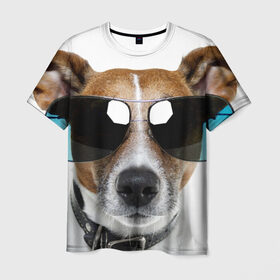 Мужская футболка 3D с принтом Джек Рассел в очках в Екатеринбурге, 100% полиэфир | прямой крой, круглый вырез горловины, длина до линии бедер | волкодав | дворняжка | джек | джек рассел | домашние животные | любимец | мопс | овчарка | пес | песик | питомец | рассел | сенбернар | собака | собачка