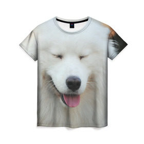 Женская футболка 3D с принтом Самоед в Екатеринбурге, 100% полиэфир ( синтетическое хлопкоподобное полотно) | прямой крой, круглый вырез горловины, длина до линии бедер | далматин | лабрадор | любимец | овчарка | пес | питомец | самоед | собака | собачка | щенок