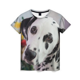 Женская футболка 3D с принтом Далматин в Екатеринбурге, 100% полиэфир ( синтетическое хлопкоподобное полотно) | прямой крой, круглый вырез горловины, длина до линии бедер | акита | акита ину | далматин | далматинец | дворняга | ину | лабрадор | любимец | овчарка | пес | питомец | самоед | сиба | сиба ину | собака | собачка | щенок