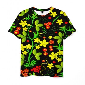 Мужская футболка 3D с принтом Natural flowers в Екатеринбурге, 100% полиэфир | прямой крой, круглый вырез горловины, длина до линии бедер | flower | орнамент | паттерн | хохлома | цветы