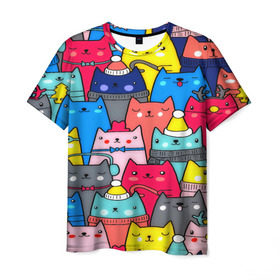 Мужская футболка 3D с принтом Котики в Екатеринбурге, 100% полиэфир | прямой крой, круглый вырез горловины, длина до линии бедер | Тематика изображения на принте: кошки | паттерн | разноцветный | яркий