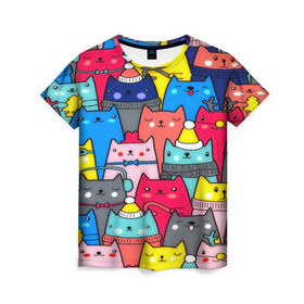 Женская футболка 3D с принтом Котики в Екатеринбурге, 100% полиэфир ( синтетическое хлопкоподобное полотно) | прямой крой, круглый вырез горловины, длина до линии бедер | Тематика изображения на принте: кошки | паттерн | разноцветный | яркий