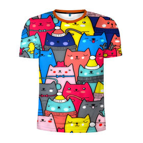 Мужская футболка 3D спортивная с принтом Котики в Екатеринбурге, 100% полиэстер с улучшенными характеристиками | приталенный силуэт, круглая горловина, широкие плечи, сужается к линии бедра | Тематика изображения на принте: кошки | паттерн | разноцветный | яркий